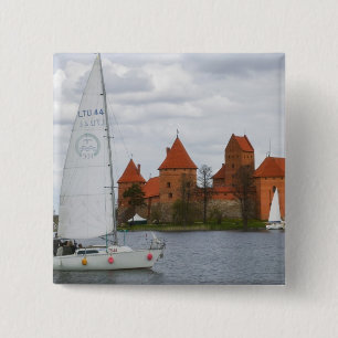 Sail boat with Island Castle by Lake Galve, 15 Cm Square Badge