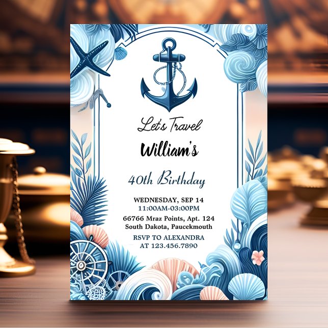 Sail Ocean Waves Travel Anchor Yacht 50th Birthday Invitation (Creator Uploaded)