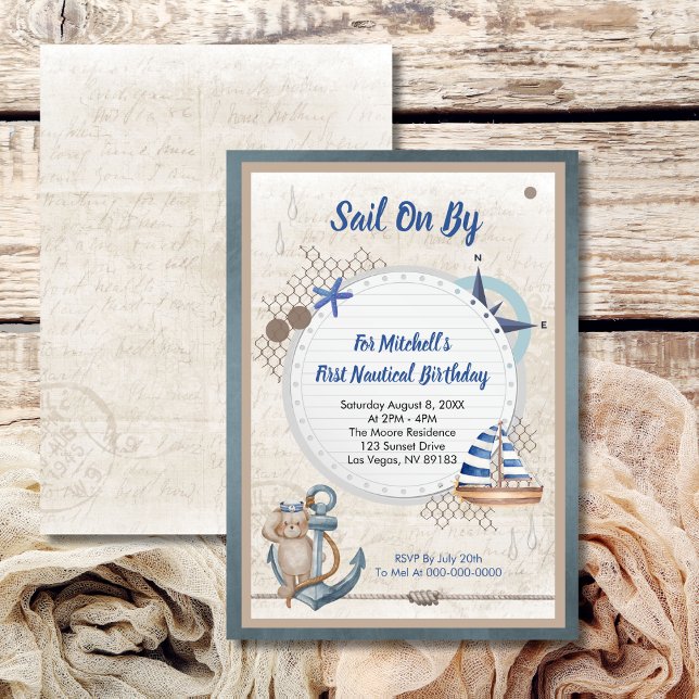 Sail On By First Nautical Birthday Invitation (Creator Uploaded)