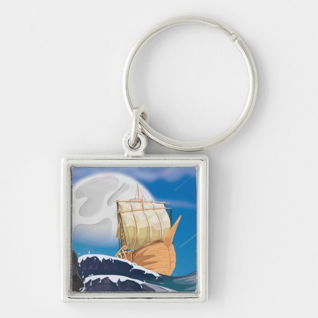 Sail Ship in Ocean Storm Key Ring (Front)