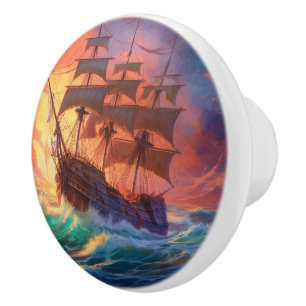 Sail Ship On A Stormy Sea Ceramic Knob