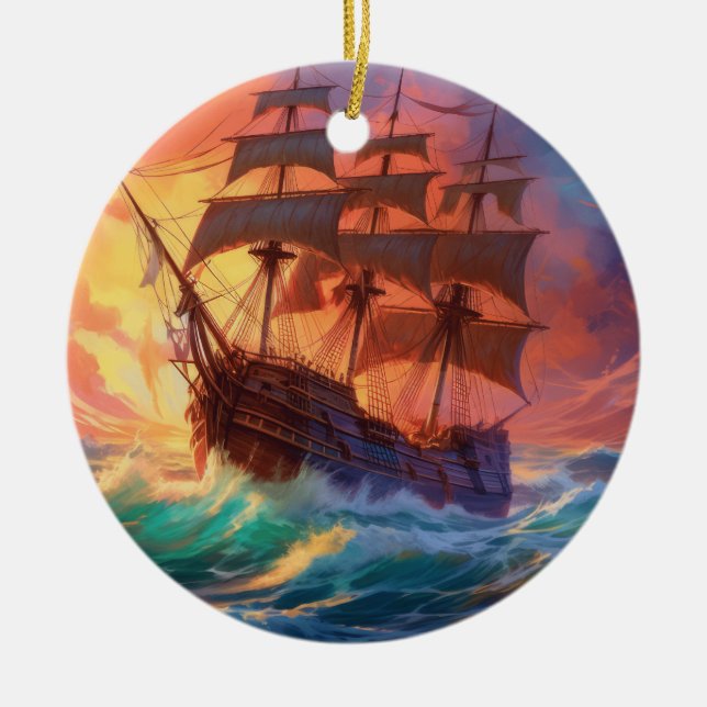Sail Ship On A Stormy Sea Ceramic Ornament (Front)