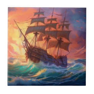 Sail Ship On A Stormy Sea Ceramic Tile
