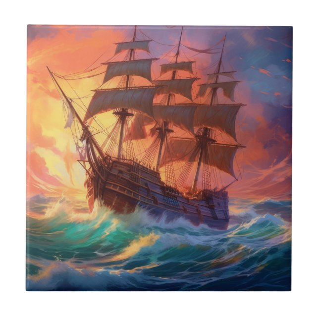 Sail Ship On A Stormy Sea Ceramic Tile (Front)