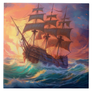 Sail Ship On A Stormy Sea Ceramic Tile
