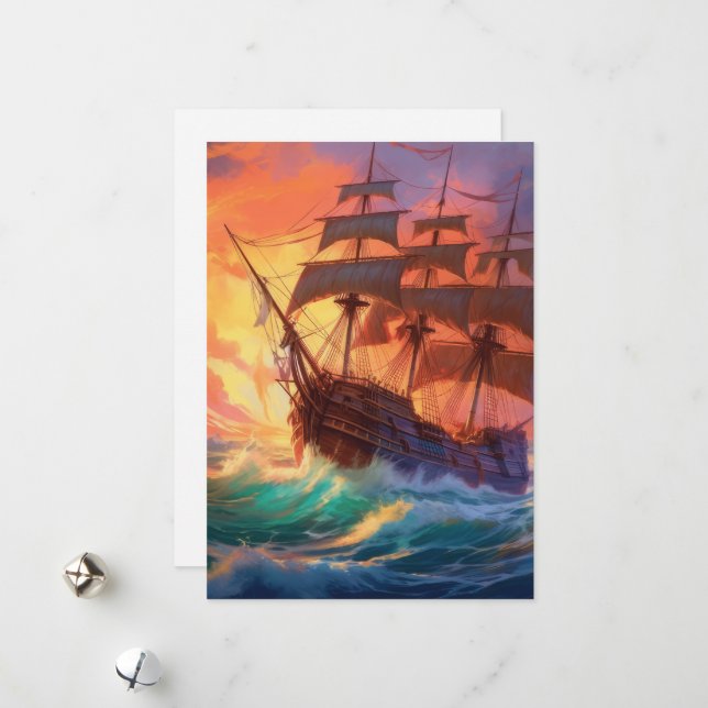 Sail Ship On A Stormy Sea Holiday Card (Front/Back In Situ)
