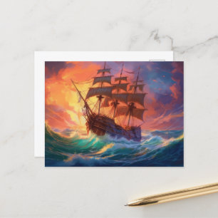 Sail Ship On A Stormy Sea Holiday Postcard