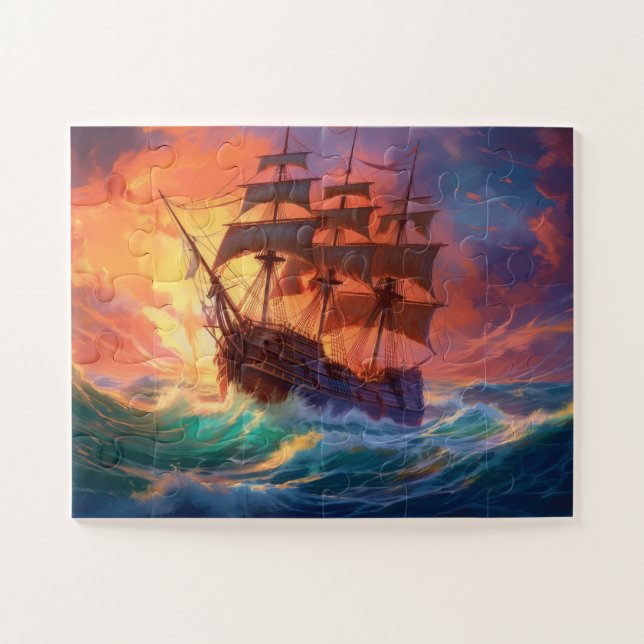 Sail Ship On A Stormy Sea Jigsaw Puzzle (Horizontal)