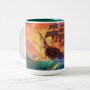 Sail Ship on a Stormy Sea Painting Ceramic Ornamen Two-Tone Coffee Mug