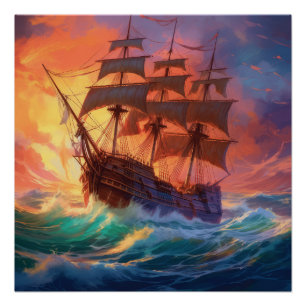 Sail Ship On A Stormy Sea Poster