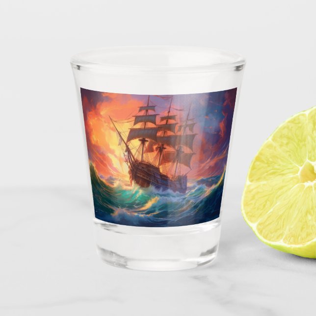 Sail Ship On A Stormy Sea Shot Glass (Front)