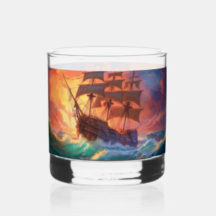 Sail Ship On A Stormy Sea Whiskey Glass
