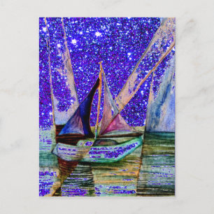 Sailboat Abstract Blue Purple Sparkle Night Sky Postcard