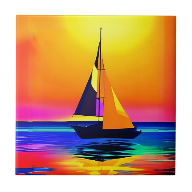 Sailboat Against a Vibrant Ocean Sunset Ceramic Tile (Front)