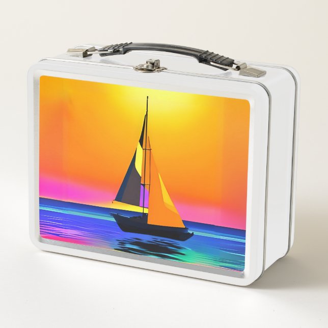 Sailboat Against a Vibrant Ocean Sunset Metal Lunch Box (Front)