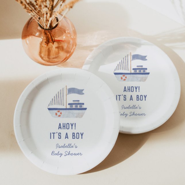 Sailboat Ahoy! It's A Boy Baby Shower Paper Plate (Creator Uploaded)