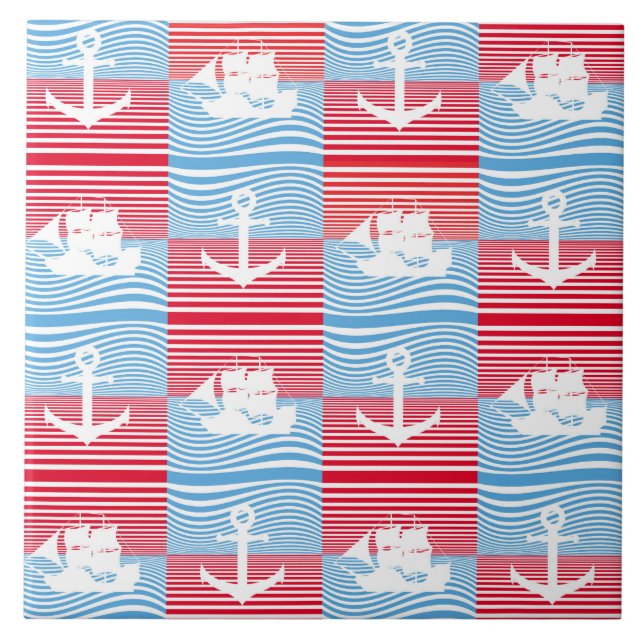 Sailboat and anchor pattern ceramic tile (Front)