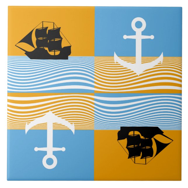 Sailboat and anchor pattern ceramic tile (Front)