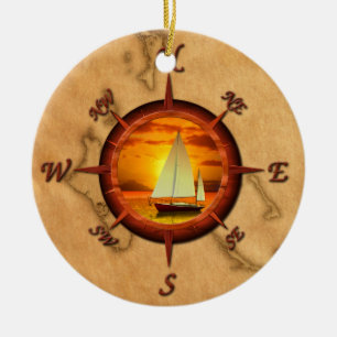 Sailboat And Compass Rose Ceramic Ornament
