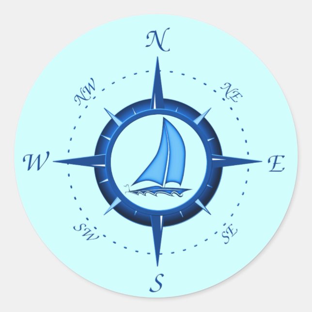 Sailboat And Compass Rose Classic Round Sticker (Front)