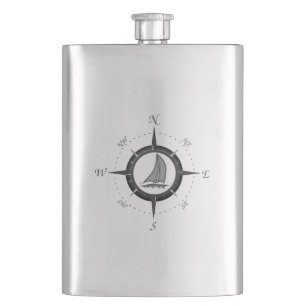 Sailboat And Compass Rose Hip Flask