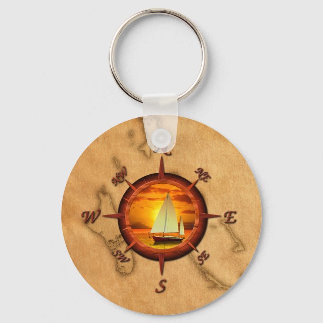 Sailboat And Compass Rose Key Ring (Front)