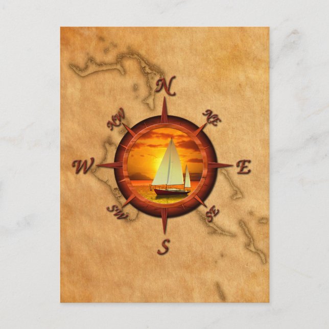 Sailboat And Compass Rose Postcard (Front)