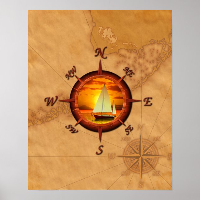 Sailboat And Compass Rose Poster (Front)