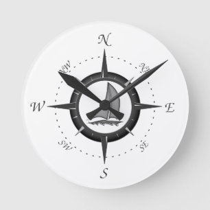 Sailboat And Compass Rose Round Clock