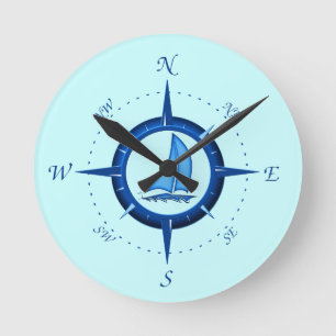 Sailboat And Compass Rose Round Clock