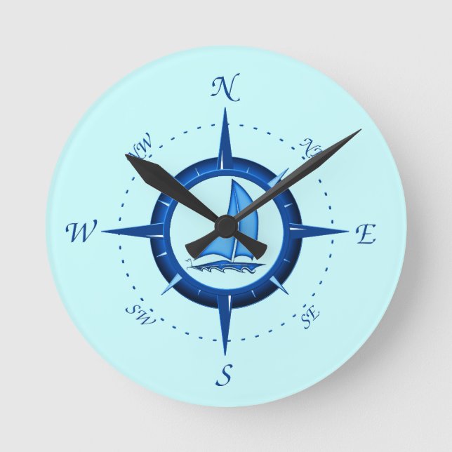 Sailboat And Compass Rose Round Clock (Front)