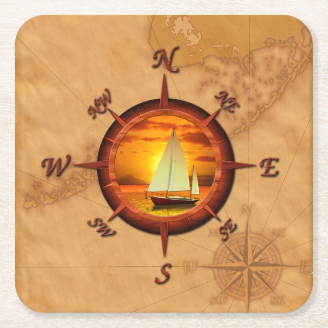 Sailboat And Compass Rose Square Paper Coaster (Front)