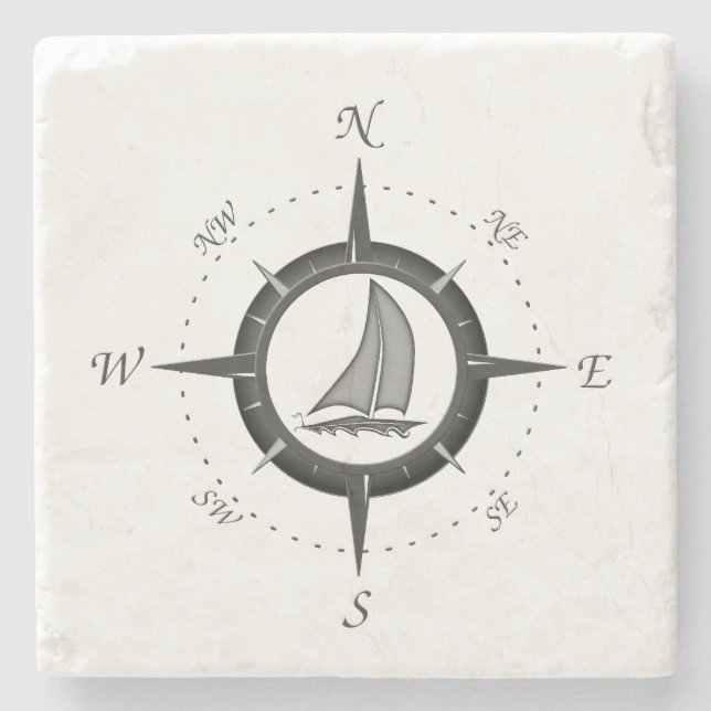 Sailboat And Compass Rose Stone Coaster (Front)