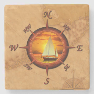 Sailboat And Compass Rose Stone Coaster