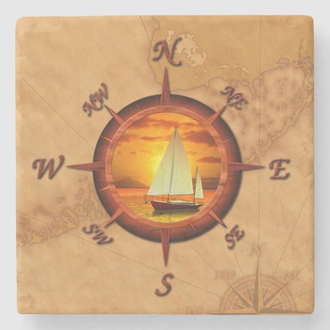 Sailboat And Compass Rose Stone Coaster (Front)