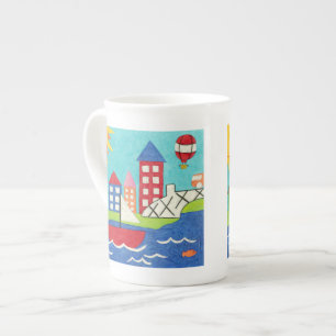 Sailboat and Hot Air Balloon with Cityscape Bone China Mug