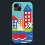 Sailboat and Hot Air Balloon with Cityscape iPhone 13 Case<br><div class="desc">A cityscape serves as the background for a sailboat and a hot air balloon. A bright sun shines down on the scene,  and a cute fish swims under the water. Purchase this peaceful print today!</div>