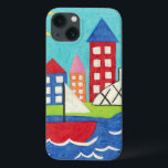 Sailboat and Hot Air Balloon with Cityscape iPhone 13 Case<br><div class="desc">A cityscape serves as the background for a sailboat and a hot air balloon. A bright sun shines down on the scene,  and a cute fish swims under the water. Purchase this peaceful print today!</div>
