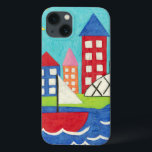 Sailboat and Hot Air Balloon with Cityscape iPhone 13 Case<br><div class="desc">A cityscape serves as the background for a sailboat and a hot air balloon. A bright sun shines down on the scene,  and a cute fish swims under the water. Purchase this peaceful print today!</div>