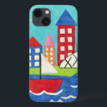 Sailboat and Hot Air Balloon with Cityscape iPhone 13 Case<br><div class="desc">A cityscape serves as the background for a sailboat and a hot air balloon. A bright sun shines down on the scene,  and a cute fish swims under the water. Purchase this peaceful print today!</div>