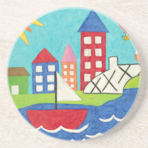 Sailboat and Hot Air Balloon with Cityscape Coaster