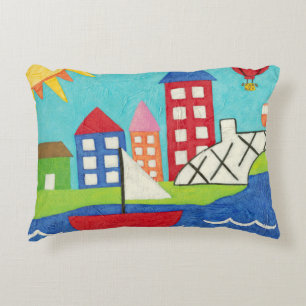 Sailboat and Hot Air Balloon with Cityscape Decorative Cushion