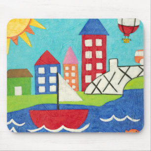 Sailboat and Hot Air Balloon with Cityscape Mouse Pad