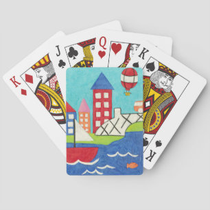 Sailboat and Hot Air Balloon with Cityscape Playing Cards