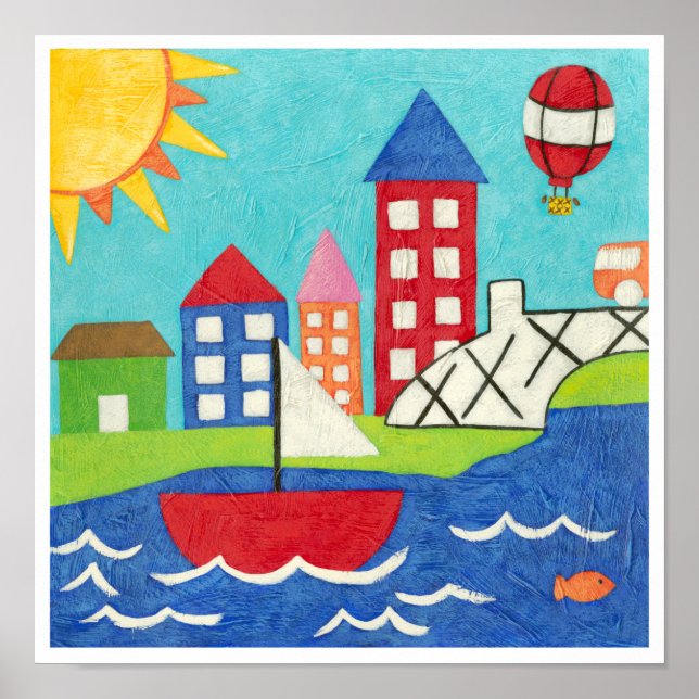 Sailboat and Hot Air Balloon with Cityscape Poster (Front)
