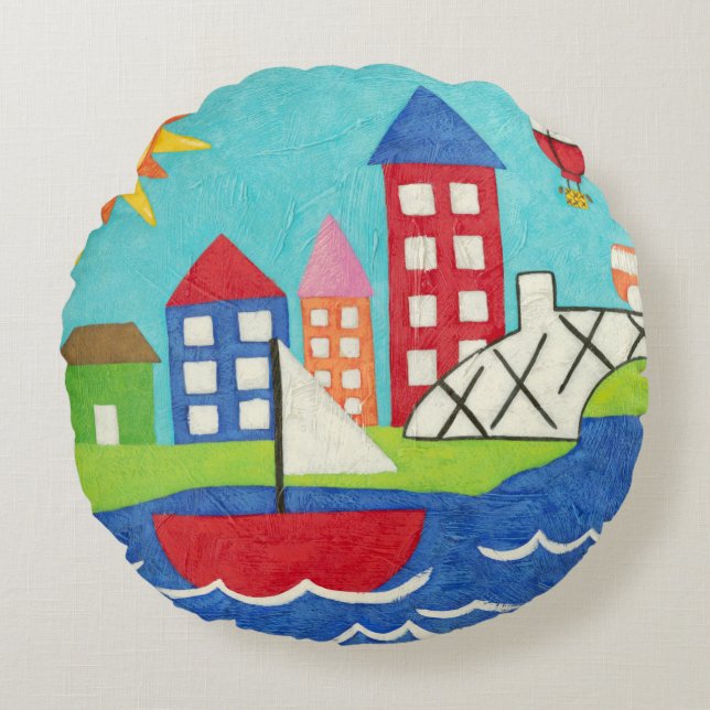 Sailboat and Hot Air Balloon with Cityscape Round Cushion (Front)