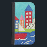 Sailboat and Hot Air Balloon with Cityscape Samsung S4 Wallet Case<br><div class="desc">A cityscape serves as the background for a sailboat and a hot air balloon. A bright sun shines down on the scene,  and a cute fish swims under the water. Purchase this peaceful print today!</div>