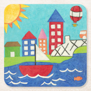 Sailboat and Hot Air Balloon with Cityscape Square Paper Coaster