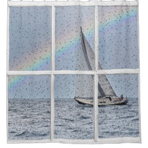 Sailboat and Rainbow in Window Shower Curtain
