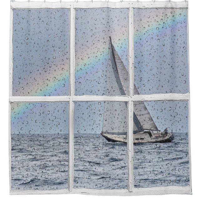 Sailboat and Rainbow in Window Shower Curtain (Front)